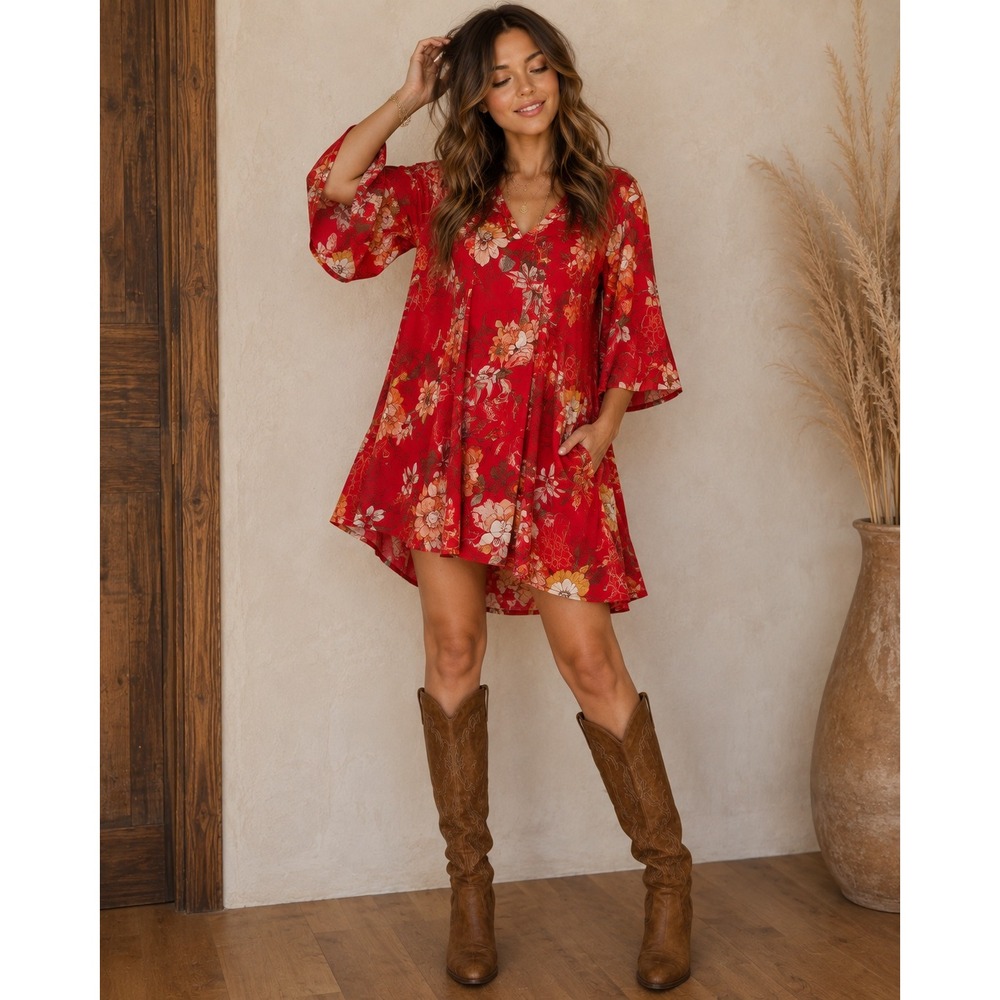 Free People Eyes On You Floral Mini Dress Red Poppy Combo Boho Tunic Size 0